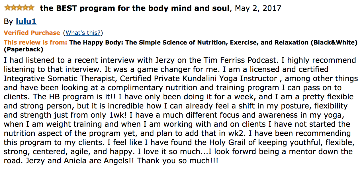 Testimonial from Amazon for The Happy Body